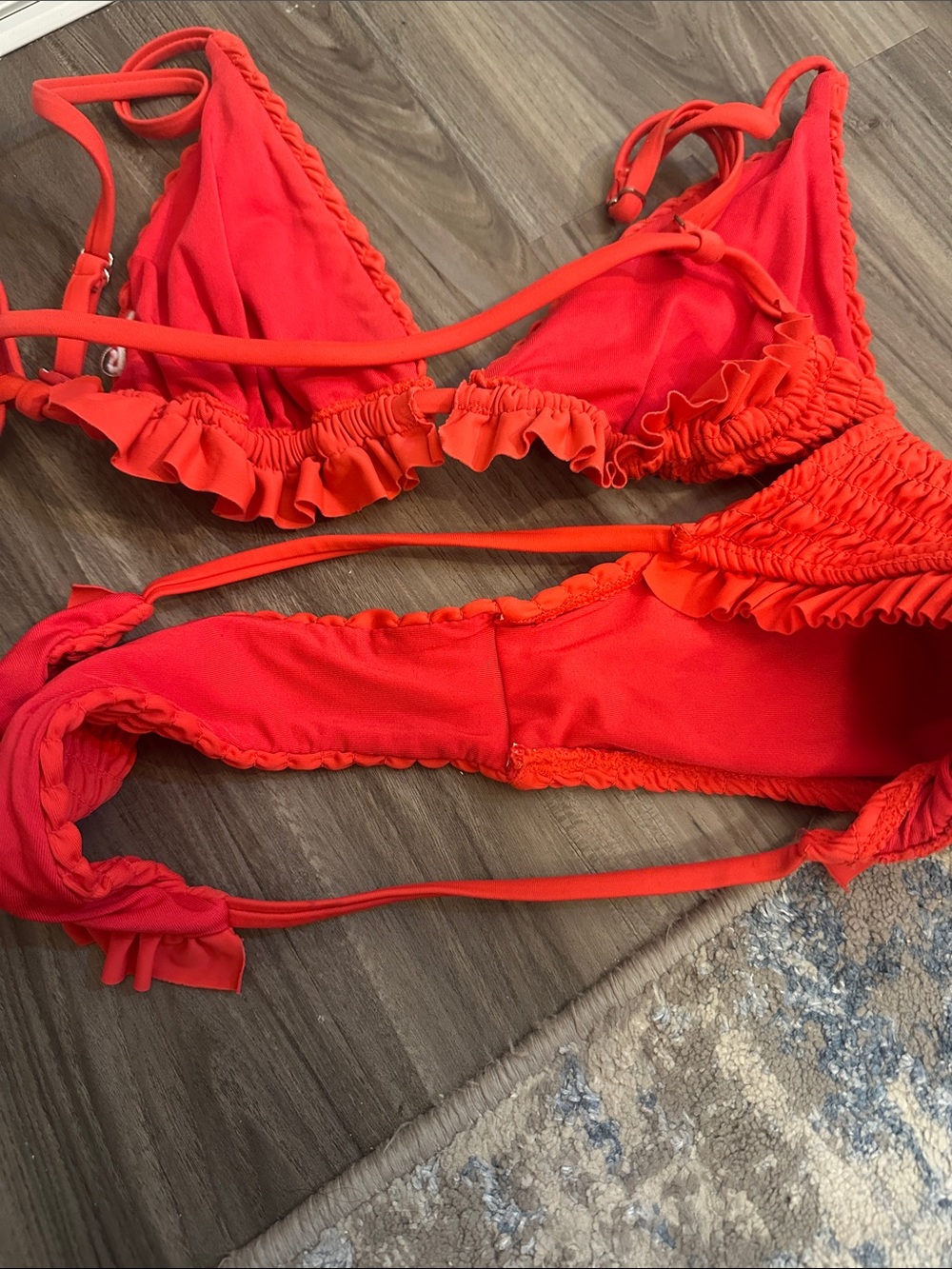 Topshop Smocked Ruffle Triangle Bikini Set - Coral Red - Picture 3 of 3
